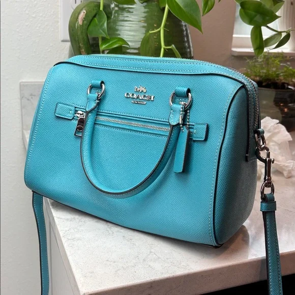 Coach: Rowan Satchel Signature Handbag Teal Viridian leather crossbody like new - Picture 3 of 12